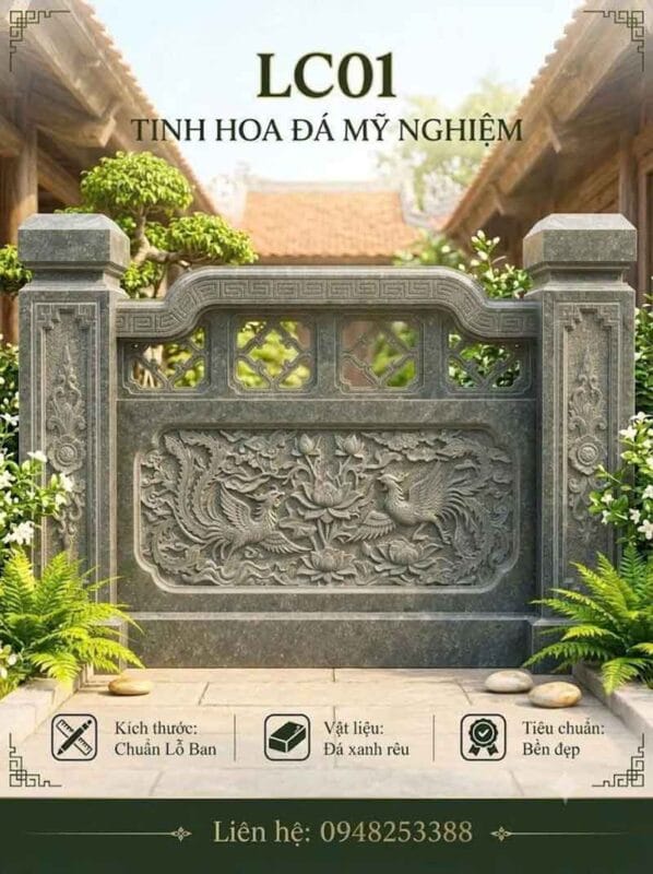 Mẫu lan can đá họa tiết chim phượng cho đình chùa, nhà thờ