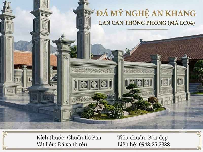 Mẫu lan can đá thông phong chạm hoa mai đá xanh rêu
